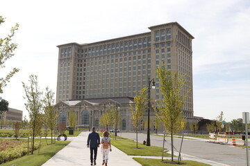 Couple walking in a park of Detroit, Michigan