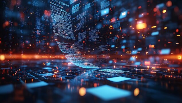 Floating digital data and paper notes in a futuristic blue background, representing AI technology and innovation in online business. Perfect for illustrating modern tech concepts and digital transform