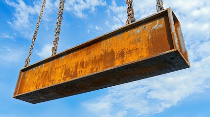 A large, rusty metal beam is being lifted by a crane against a blue sky with white clouds