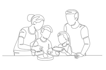 The family prepares dinner. Family dinner concept one-line drawing