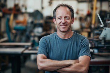 Fototapeta premium Smiling male worker in a blue t-shirt with arms crossed 