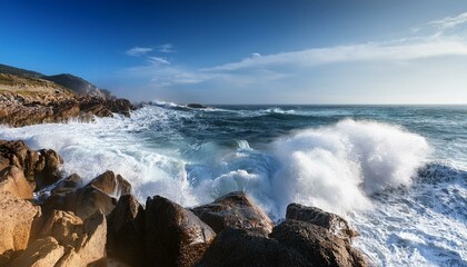 Obraz premium Ocean waves crashing and breaking on the rocks by the water; landscape photography