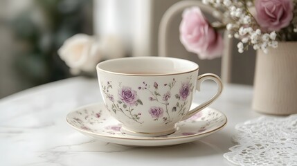 A vintage floral teacup and saucer on a white marble tabletop feature a delicate pink and purple roses pattern, creating an elegant afternoon tea setting with nostalgic charm.
