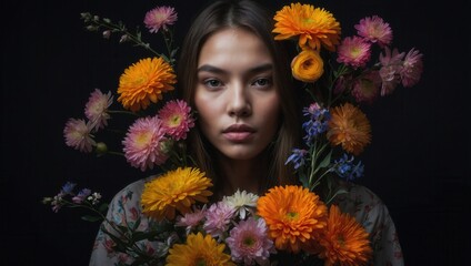 Woman with short light brown hair and bright flowers surrounding face, calm expression