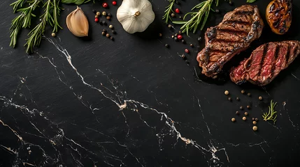 Grilled steak on black marble table with herbs and spices, creating rich culinary scene © Hart