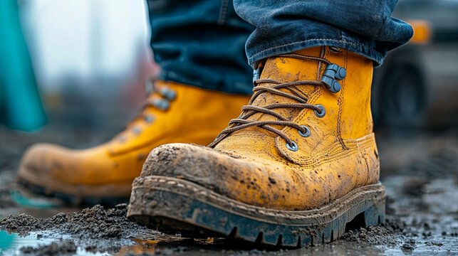 Close-up at worker feet is wearing leather safety boots during walking on rustic walkway platform.