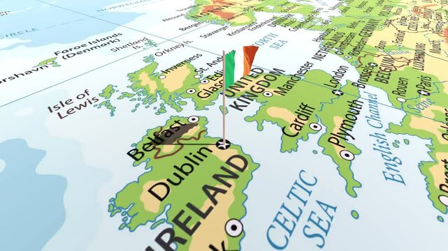 Ireland flag waving on the map