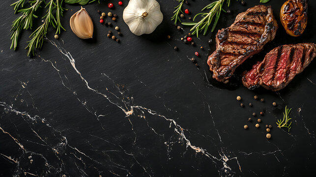 Grilled steak on black marble table with herbs and spices, creating rich culinary scene