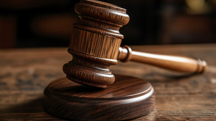 Wooden judges gavel on wooden table, symbolizing justice and authority