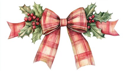 a charming Christmas bow clipart, holly berry accents, watercolor illustration, red plaid, isolated on white background,