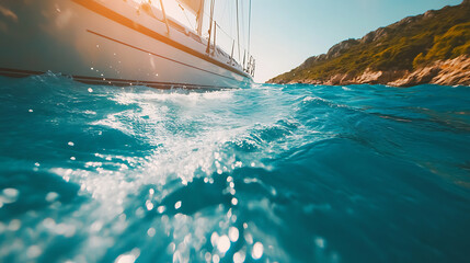 Sailing on yacht, enjoying vibrant blue water and scenic coastline
