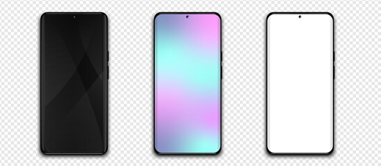 Super high realistic smartphone. Phone with white screen, black and colorfull screen. Realistic smartphone mockup