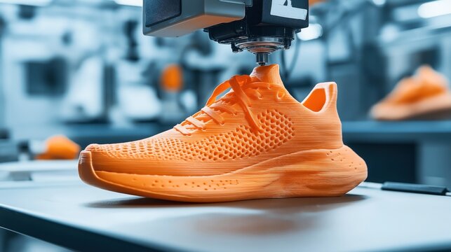 Orange 3D-printed sneaker on a table in a manufacturing environment with blurred background, showcasing modern footwear technology and innovation in design.