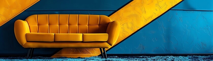 Fototapeta premium Cozy retro lounge with a mustard-yellow sofa, shaggy carpet, and bold geometric wallpaper, evoking a nostalgic 1960s vibe