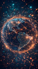 A digital globe with interconnected lines and nodes, representing global network connections and connectivity between different parts of the world