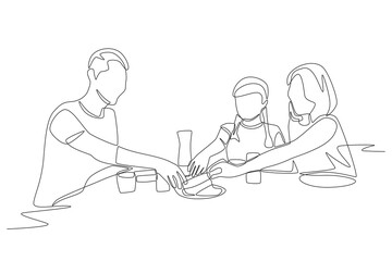 Family picking up food at dinner. Family dinner concept one-line drawing