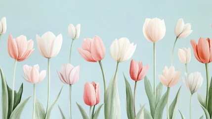 Minimalist watercolor tulips in soft pastels, arranged on a pale blue background, seamless repeat,