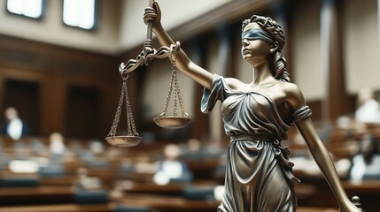 Close-up of a Lady Justice statue with scales in a courtroom setting, symbolizing law and fairness.