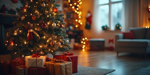 Christmas tree decorated with red baubles surrounded by gift boxes