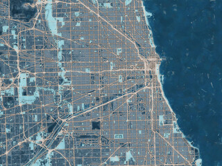 Painterly Style City Map of Chicago Illinois, USA in a Blue Color Scheme.