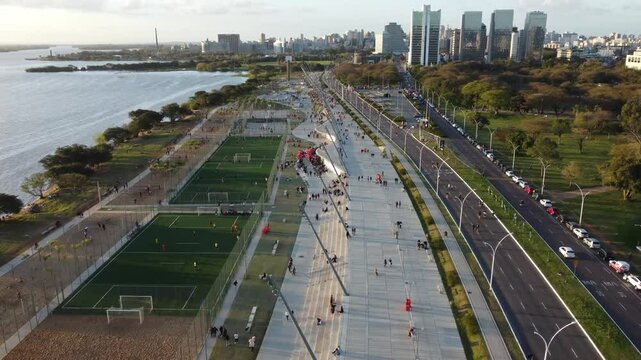 Porto Alegre waterfront historic downtown parks with skate parks people and cars aerial drone footage