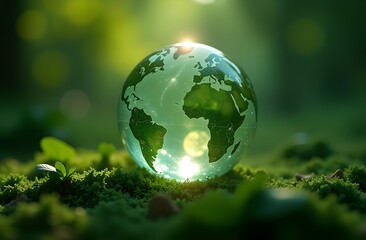 Glass globe featuring continents, resting on mossy ground with sunlight reflecting through it. Represents environmental conservation, sustainability, beauty of nature in a serene green atmosphere