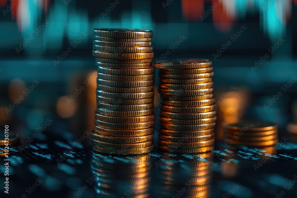 Poster Stacks of coins sitting on a graph displaying market data