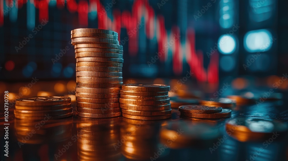 Poster Gold coins stacked on each other reflecting from a surface with stock market charts in background