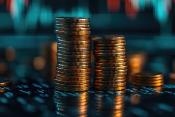 Stacks of coins sitting on a graph displaying market data