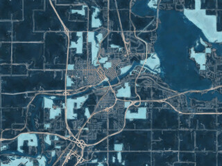 Painterly Style City Map of Chipewa Falls Wisconsin, USA in a Blue Color Scheme.