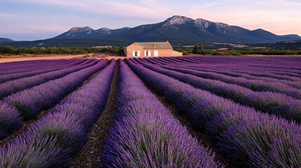 Vast lavender field with blooming purple flowers, a small farmhouse, and a mountainous backdrop at sunset.