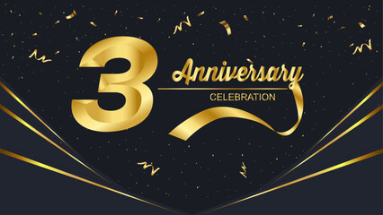 
Golden "3rd Anniversary" text, accompanied by a gold ribbon and sparkling confetti on a sleek black background. The elegant design highlights the celebration of this special milestone.