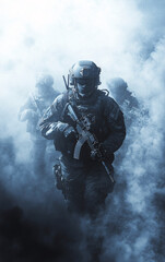 Fototapeta premium Modern Soldier in Tactical Gear Emerging from Fog, Intense Combat Scene with Cold Blue Lighting, Military Figure in Atmospheric Warfare Setting