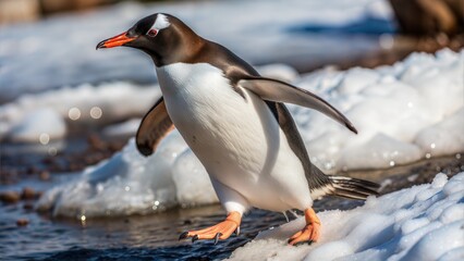 Fototapeta premium Gentoo Penguin Waddling on Snow