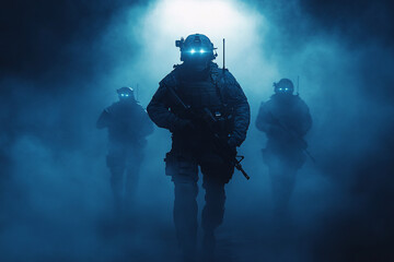 Modern Soldier in Tactical Gear Emerging from Fog, Intense Combat Scene with Cold Blue Lighting, Military Figure in Atmospheric Warfare Setting