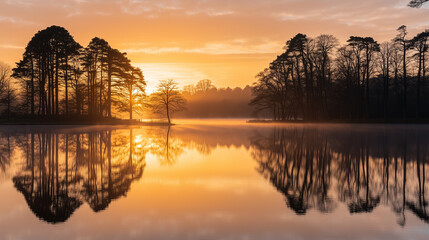 Obraz premium Sunrise Over a Tranquil Lake with Silhouetted Trees