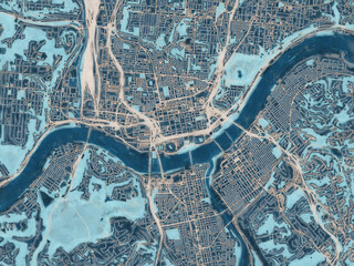 Painterly Style City Map of Cincinnati Ohio, USA in a Blue Color Scheme.