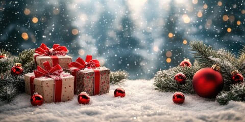 Christmas presents resting in snow under christmas tree with ornaments