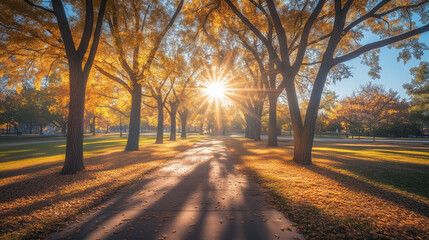 Fototapeta premium Autumn Park with Sunlight Streaming Through the Trees