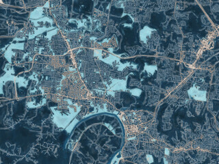 Painterly Style City Map of Clarksville Tennessee, USA in a Blue Color Scheme.