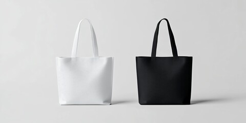 White and Black Tote Bags Side by Side with Long Handles Against Light Gray Background, Simple Rectangular Shape, Modern and Functional Design