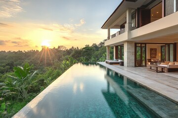 Fototapeta premium Luxurious infinity pool overlooking tropical rainforest in modern villa
