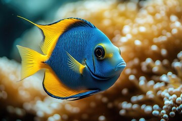 Bright blue and yellow fish swimming in aquarium © Lubos Chlubny