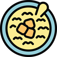 This icon of a bowl filled with baby food features waves of pureed food and three chunks of soft food, perfect for illustrating feeding a toddler
