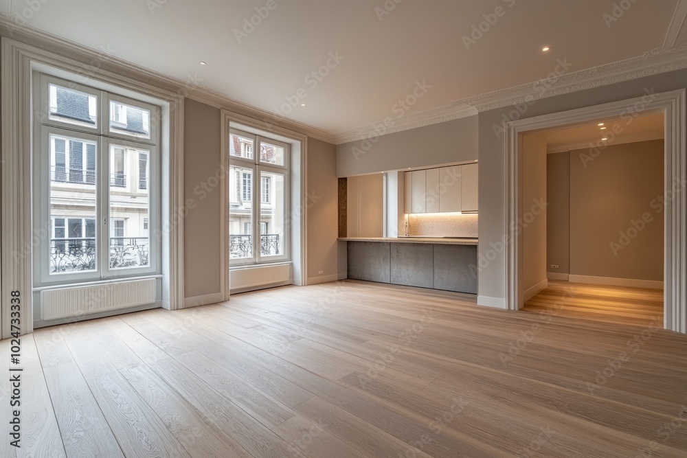 Poster modern open space apartment with kitchenette and large windows offering city view