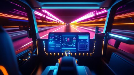 Obraz premium Self-driving electric truck, digital dashboard, highway neon glow