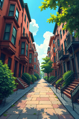 Fototapeta premium Ruhige Straße mit roten Backsteinhäusern und grünen Büschen 