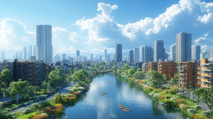 Obraz premium A vibrant cityscape with a river, greenery, and modern buildings.