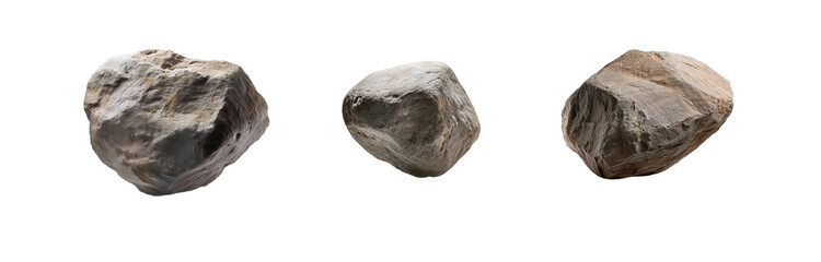 Obraz premium Three gray and brown rocks are isolated on a white background.