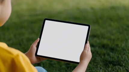 little boy in yellow shirt holding black tablet mockup with white blank screen sitting on green field